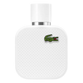 A white bottle of Lacoste L.12.12 Blanc eau de toilette with a green crocodile logo on the front.