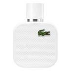 A white bottle of Lacoste L.12.12 Blanc eau de toilette with a green crocodile logo on the front.