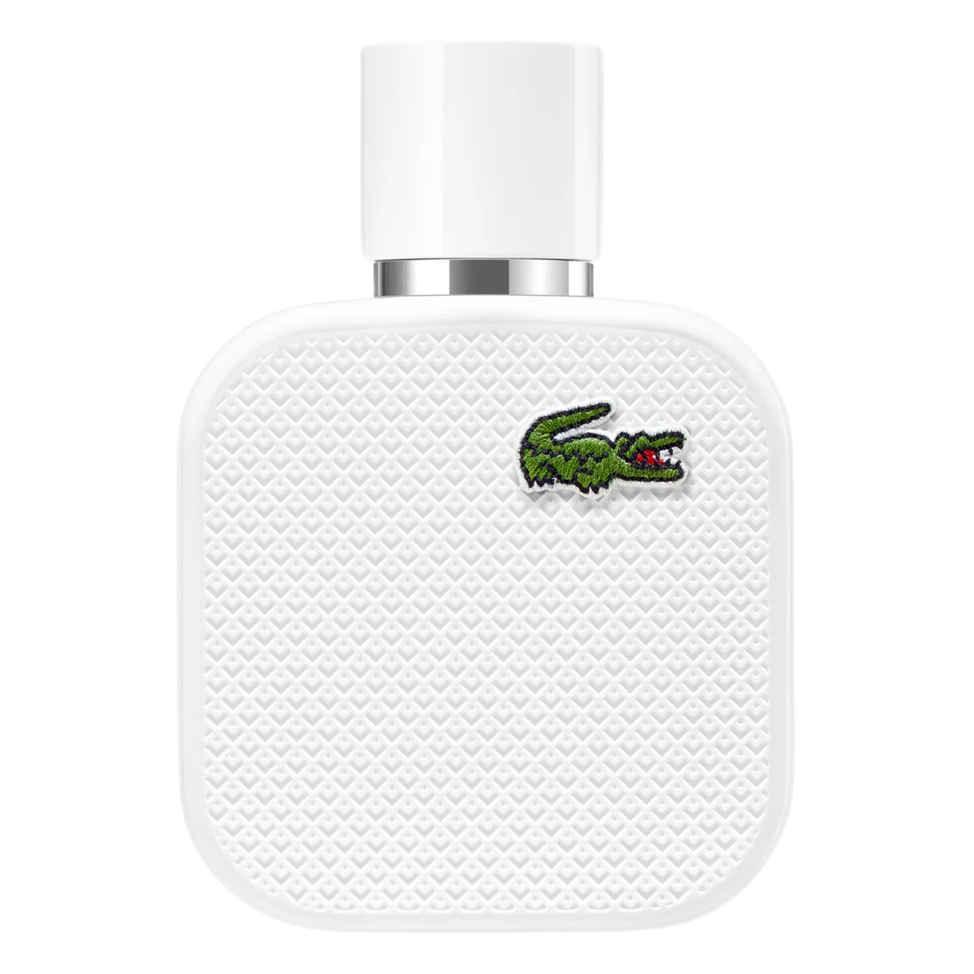 A white bottle of Lacoste L.12.12 Blanc eau de toilette with a green crocodile logo on the front.