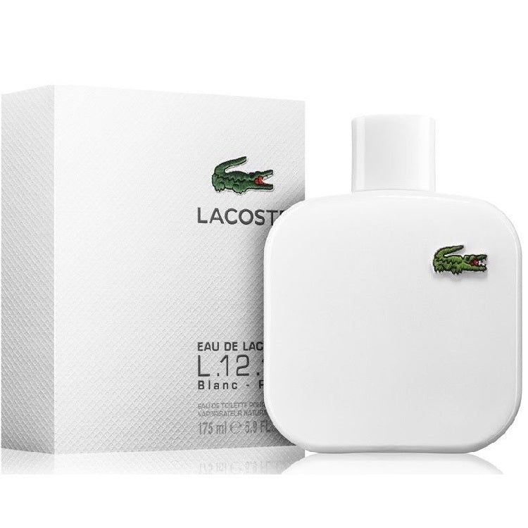 Lacoste Eau de Lacoste L.12.12 Blanc eau de toilette spray bottle with packaging, white with a green alligator logo.