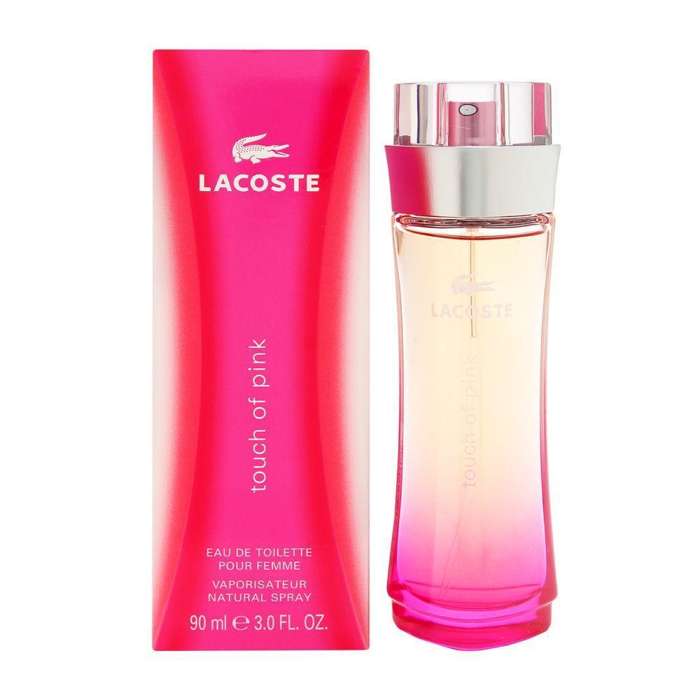 Lacoste Touch of Pink 90ml Eau de Toilette bottle and presentation box displayed on a clean white background.