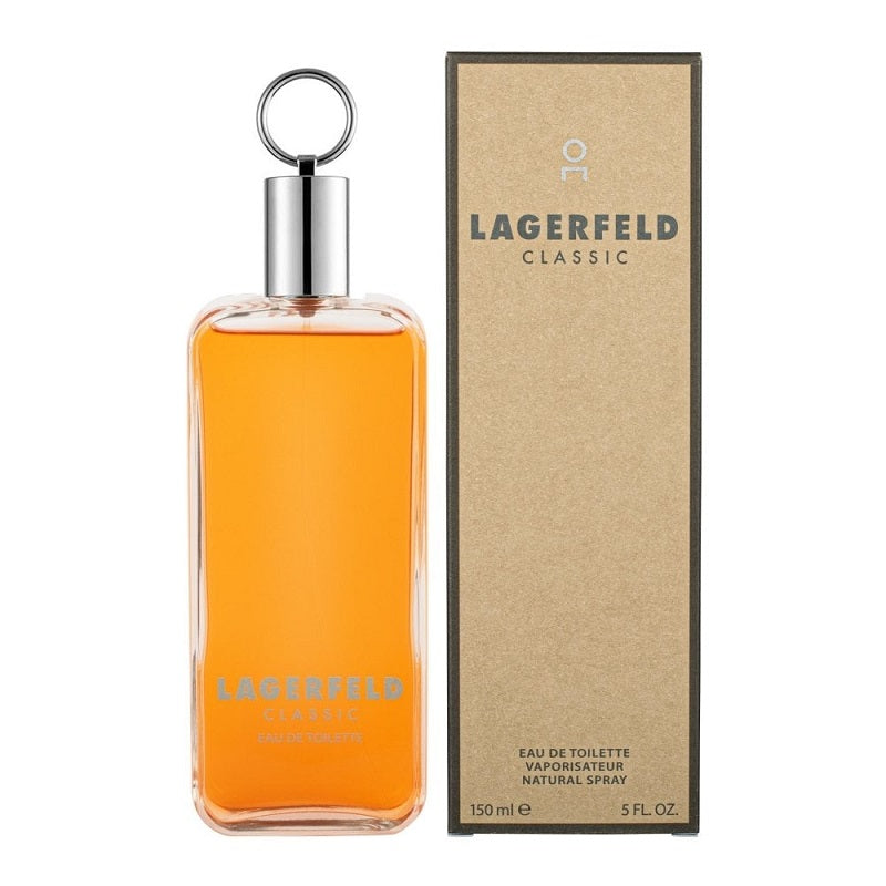 A bottle of Lagerfeld Classic Eau de Toilette next to its packaging box.