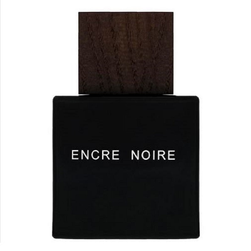 Black Encre Noire perfume bottle with wooden cap on a white background