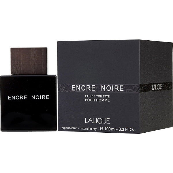 A product image featuring Lalique Encre Noire eau de toilette spray bottle and packaging box. The bottle is black with a wooden cap, and the box is black with the product name and brand in white text.