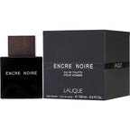 A product image featuring Lalique Encre Noire eau de toilette spray bottle and packaging box. The bottle is black with a wooden cap, and the box is black with the product name and brand in white text.