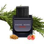 Encre Noire Sport perfume bottle with green leaves and citrus fruits on a white background