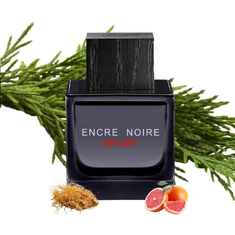 Encre Noire Sport perfume bottle with green leaves and citrus fruits on a white background