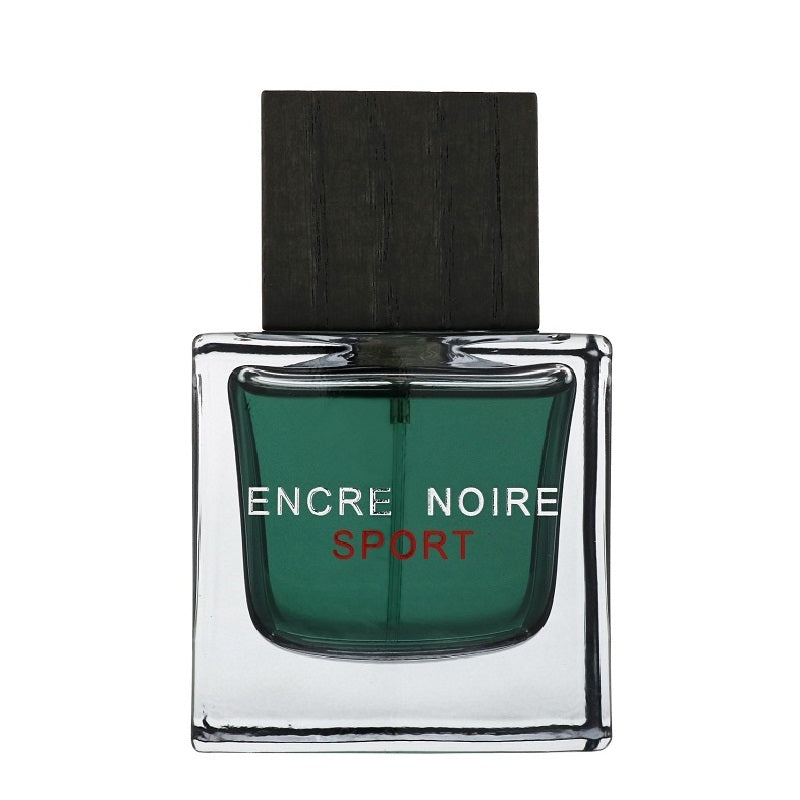 A bottle of Lalique Encre Noir Sport eau de toilette with a dark cap and a clear, green-tinted liquid visible inside the bottle.