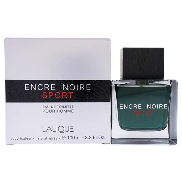 Lalique Encre Noir Sport Eau De Toilette bottle and packaging, predominantly black and white with a green accent on the bottle, and product information in English.