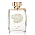 Lalique perfume bottle with gold cap and lion head design on a white background