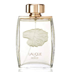 Lalique perfume bottle with gold cap and lion head design on a white background