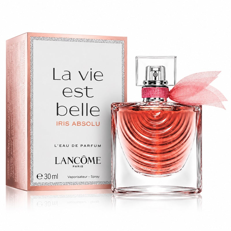 Lancôme La Vie Est Belle Iris Absolu 30ml Eau de Parfum bottle beside its pink-and-silver box, clearly labelled 30ml. 