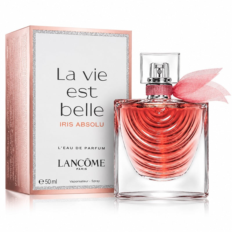 Packaging: Lancôme La Vie Est Belle Iris Absolu 50ml Eau de Parfum bottle beside its pink-and-silver box.