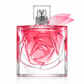 Lancôme La Vie Est Belle Rose Extraordinaire 100ml Eau de Parfum transparent sculptural glass bottle with central crystal rose design, pink fragrance, clear cap and delicate pink decorative neck petals on a clean white background.