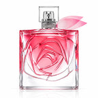 Lancôme La Vie Est Belle Rose Extraordinaire 50ml Eau de Parfum transparent sculptural glass bottle with central crystal rose design, pink fragrance, clear cap on a clean white background.