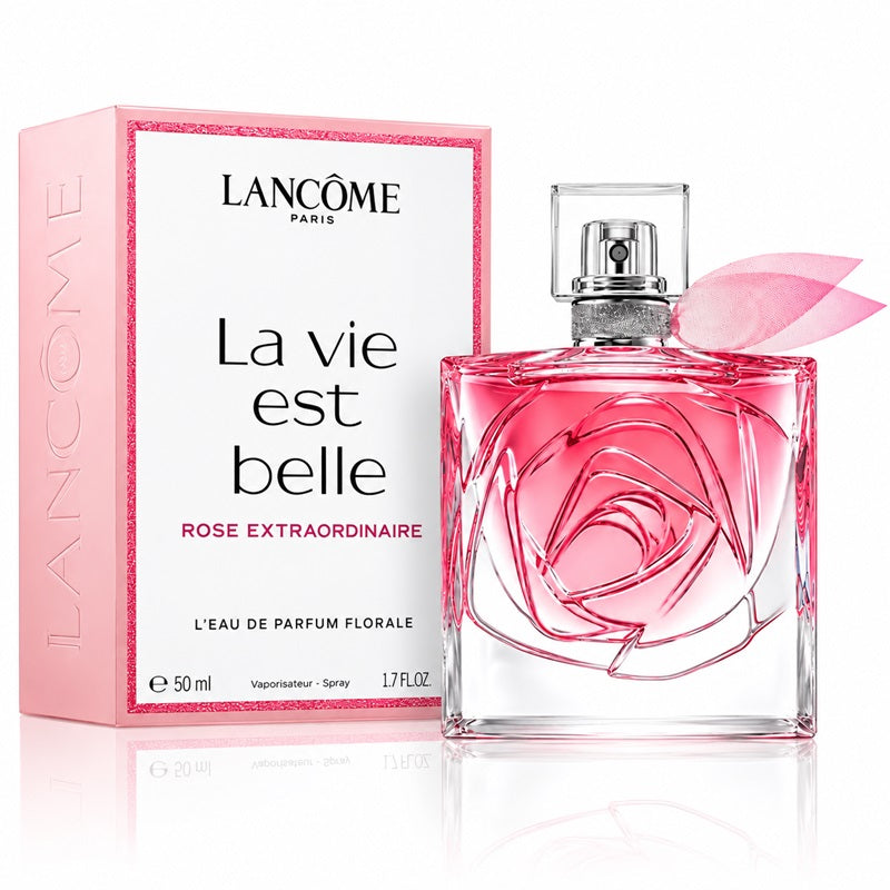 Lancôme La Vie Est Belle Rose Extraordinaire 50ml Eau de Parfum sculptural pink rose bottle beside its matching white presentation pack with a pink border and Lancôme branding on a clean white background.