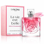 Lancôme La Vie Est Belle Rose Extraordinaire 50ml Eau de Parfum sculptural pink rose bottle beside its matching white presentation pack with a pink border and Lancôme branding on a clean white background.