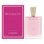 Packaging and bottle of Miracle Eau de Parfum by Lancome. The bottle is clear with a pink liquid visible inside and has a gold cap.