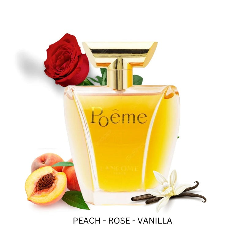 Poême Eau de Parfum by Lancôme styled among radiant golden florals reflecting romance, elegance and timeless feminine beauty.