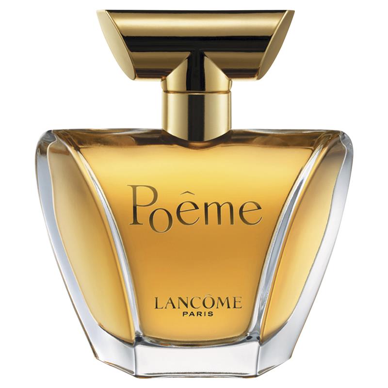 A bottle of Poeme Eau de Parfum by Lancome with a clear, golden liquid visible and the brand name printed on it.