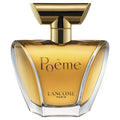 A bottle of Poeme Eau de Parfum by Lancome with a clear, golden liquid visible and the brand name printed on it.