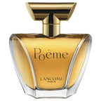 A bottle of Poeme Eau de Parfum by Lancome with a clear, golden liquid visible and the brand name printed on it.