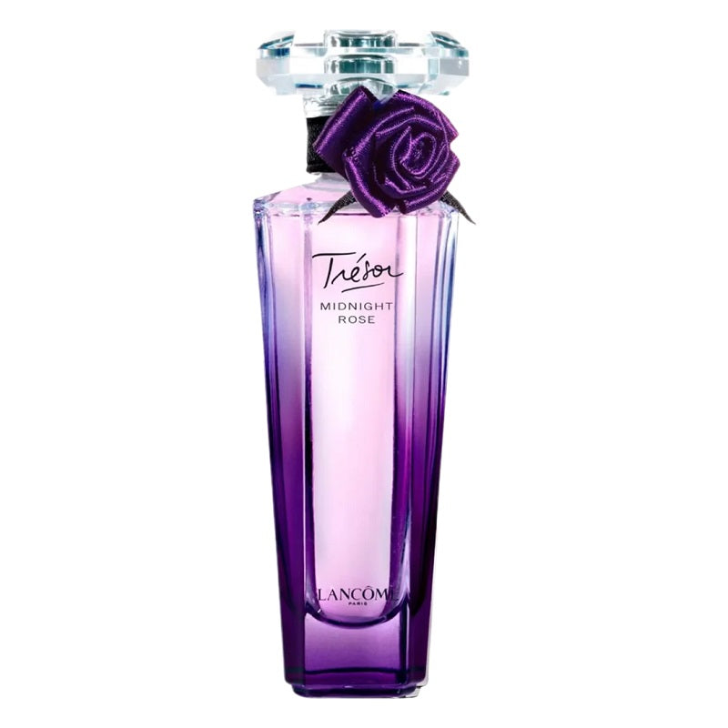 Lancome Tresor Midnight Rose perfume bottle with purple rose on a white background