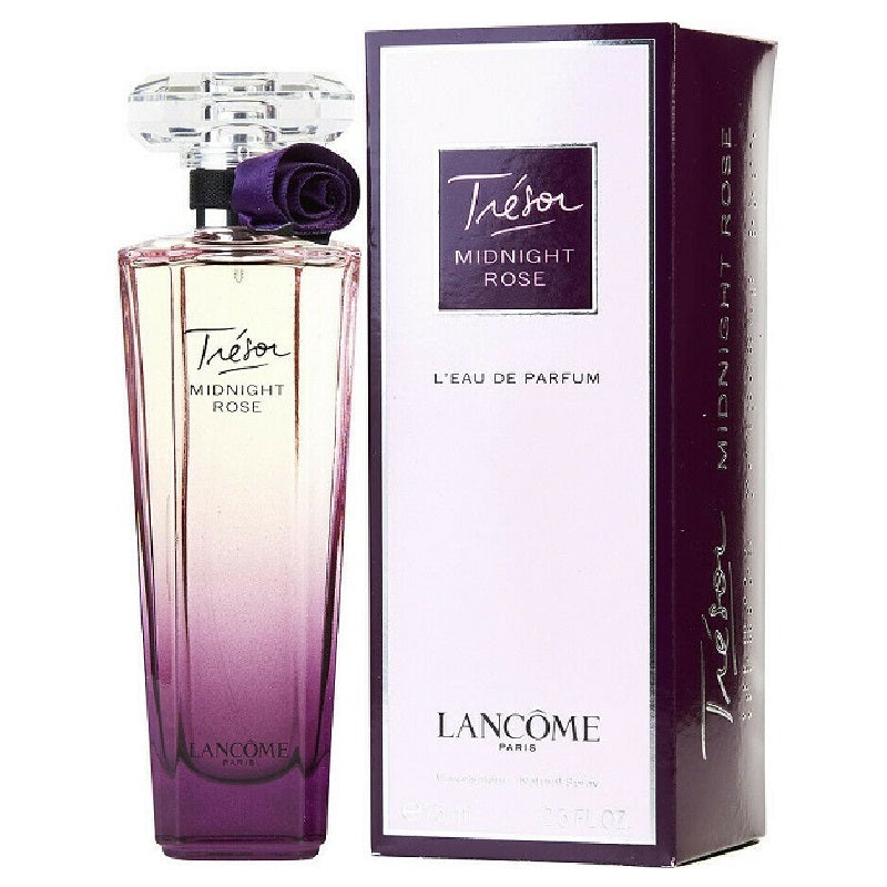 Lancome Tresor Midnight Rose perfume bottle and packaging on a white background