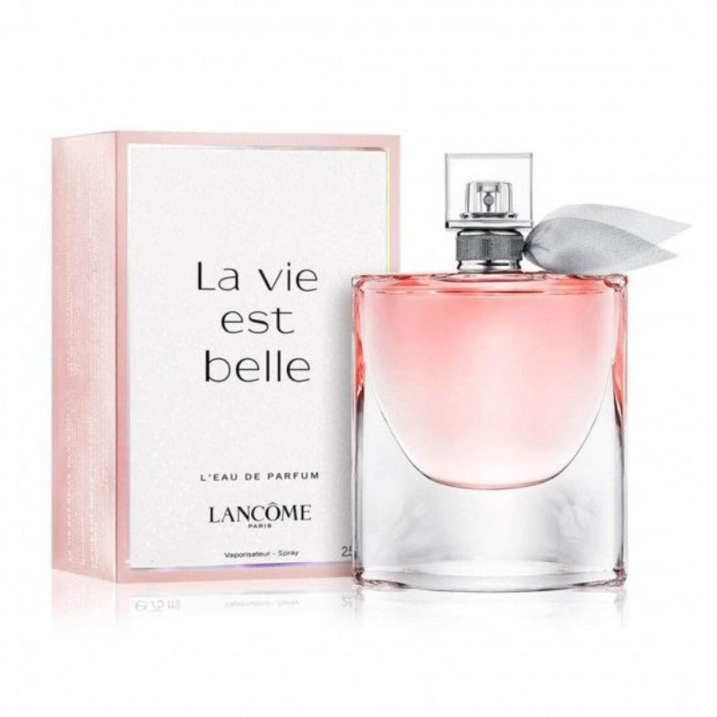 Lancème 'La vie est belle' perfume bottle and packaging on a white background