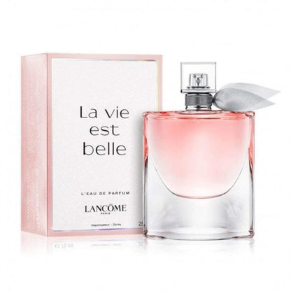 Lancème 'La vie est belle' perfume bottle and packaging on a white background