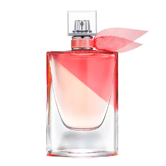Perfume bottle with a pink flower on a white background
