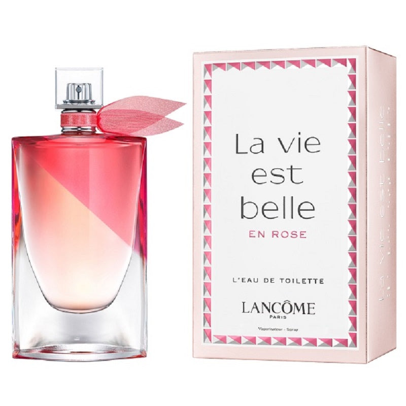 Lancome La Vie Est Belle En Rose perfume bottle and packaging on a white background