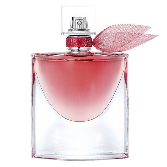 Perfume bottle with pink gradient and decorative cap on a white background