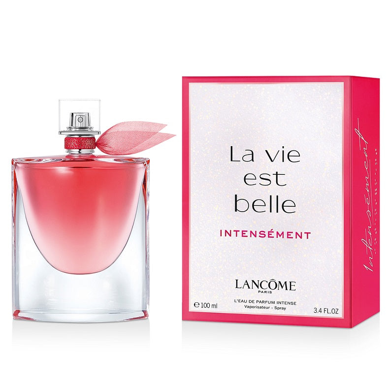Lancème La Vie Est Belle Intensément perfume bottle and packaging on a white background