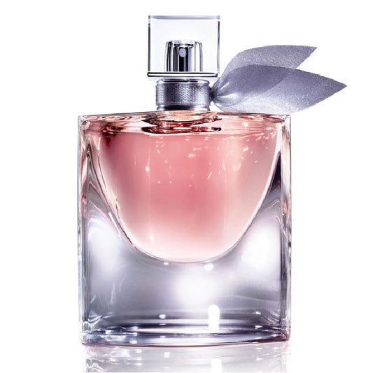 Perfume bottle with pink liquid and silver cap on a white background
