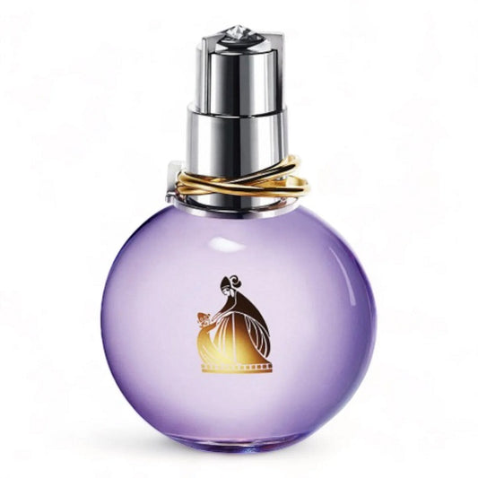 Purple perfume bottle with a silver and gold cap on a white background