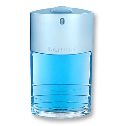 Blue Lanvin perfume bottle on a white background