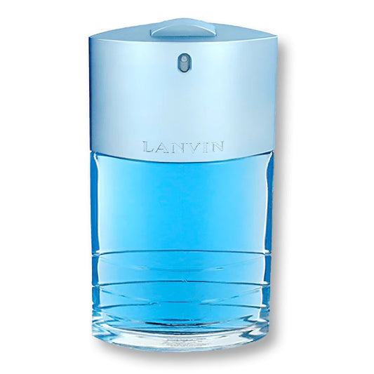 Blue Lanvin perfume bottle on a white background
