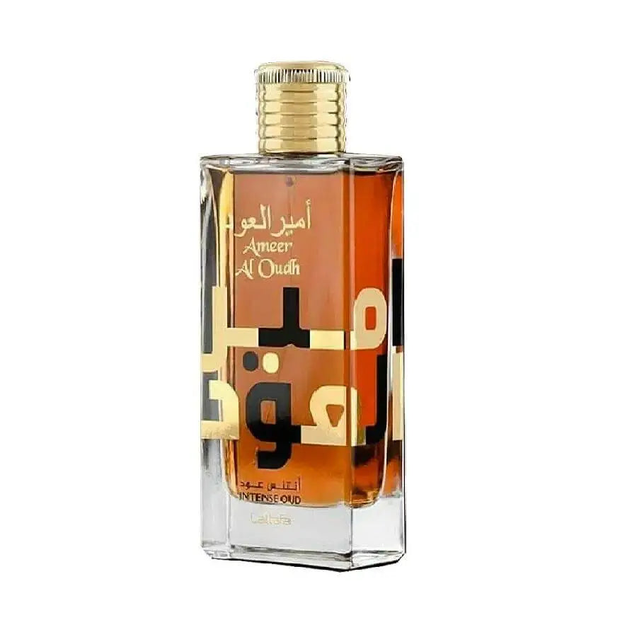 Perfume bottle with gold cap and Arabic text on a white background