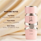 Pink perfume bottle with silver accents on a beige background, featuring Lattaçá brand.