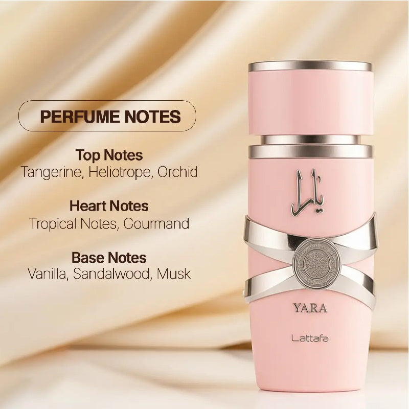 Pink perfume bottle with silver accents on a beige background, featuring Lattaçá brand.