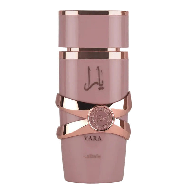 Pink and rose gold bottle with 'Yara' branding on a white background
