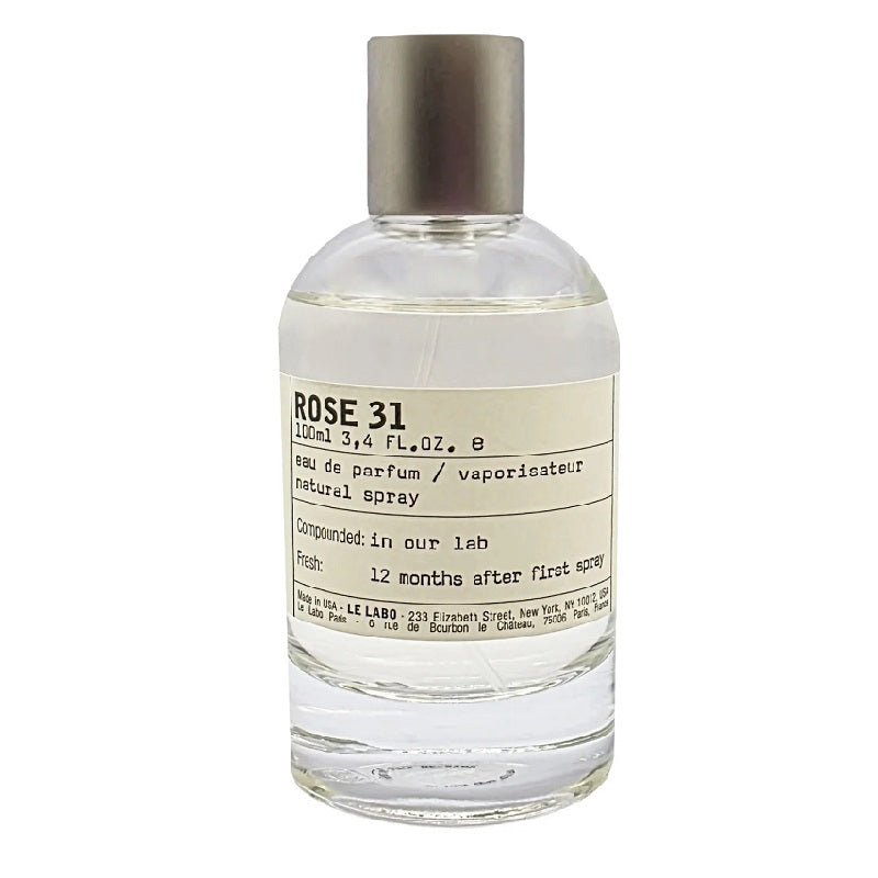 Perfume bottle labeled 'Rose 31' on a white background