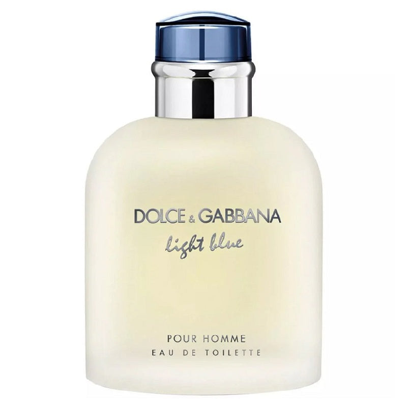 A bottle of Dolce & Gabbana Light Blue Pour Homme Eau de Toilette with a white label and a blue cap.