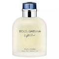 A bottle of Dolce & Gabbana Light Blue Pour Homme Eau de Toilette with a white label and a blue cap.