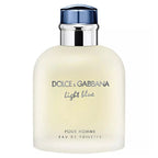 A bottle of Dolce & Gabbana Light Blue Pour Homme Eau de Toilette with a white label and a blue cap.