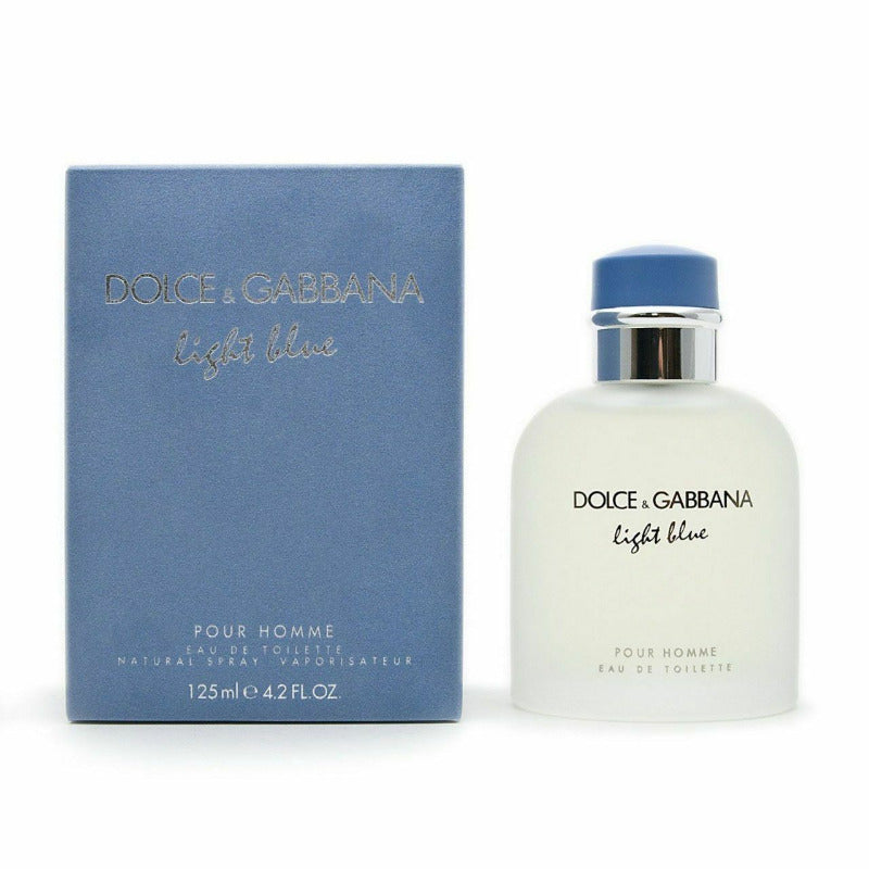 A product image featuring Dolce & Gabbana Light Blue Pour Homme Eau De Toilette spray bottle and its packaging box, both in light blue color.