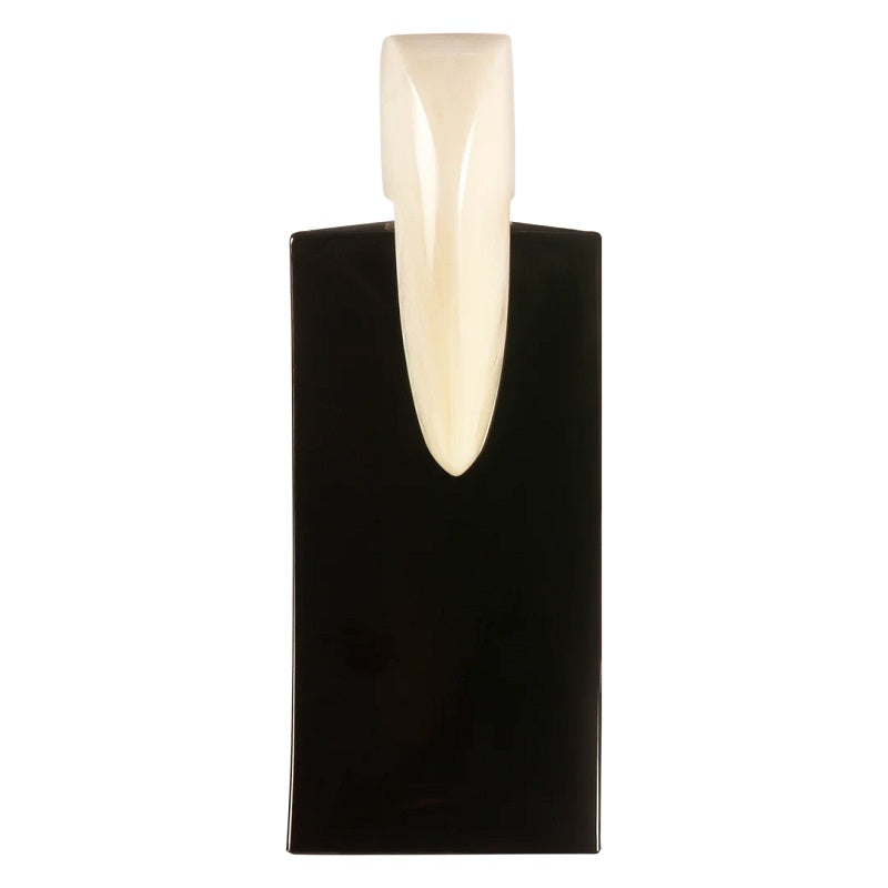 Black wall sconce with a white cylindrical light fixture on a white background