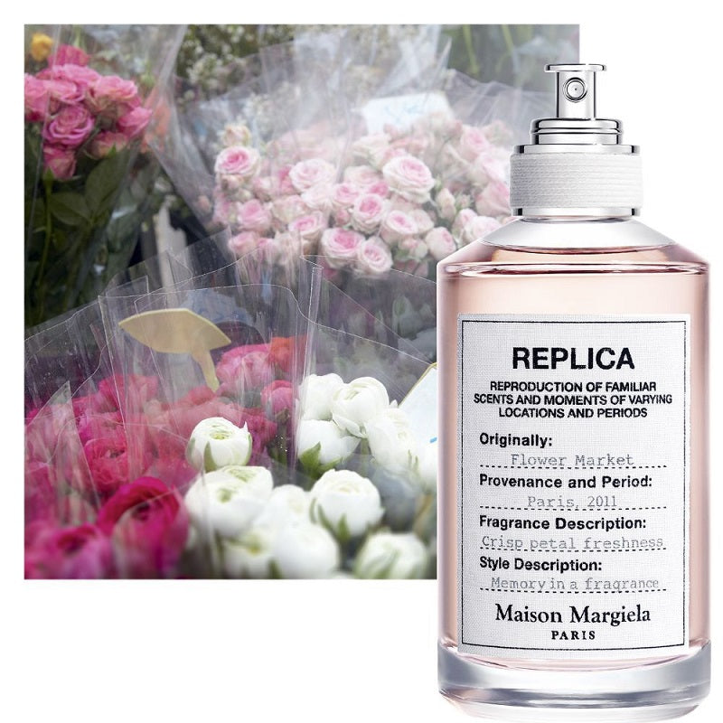 Maison Margiela perfume bottle with a bouquet of flowers in the background