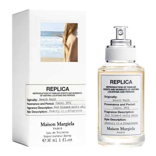 Maison Margiela Replica Beach Walk 100ml Eau de Toilette bottle and presentation box displayed on a clean white background.